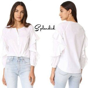 Splendid Crewneck Button-placket Ruffle-sleeve Poplin Shirt In White. * NWT~ XS*